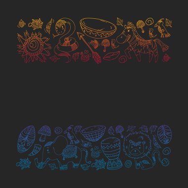 Vektör Afrika elemanları ve çocuklar için hayvanlar giyim, moda, t-shirt. Zebra, maymun, leopar, Jaguar, kuş, fil ile çocuk duvar kağıdı