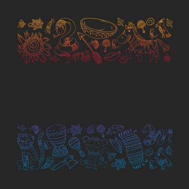 Vektör Afrika elemanları ve çocuklar için hayvanlar giyim, moda, t-shirt. Zebra, maymun, leopar, Jaguar, kuş, fil ile çocuk duvar kağıdı