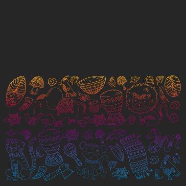 Vektör Afrika elemanları ve çocuklar için hayvanlar giyim, moda, t-shirt. Zebra, maymun, leopar, Jaguar, kuş, fil ile çocuk duvar kağıdı