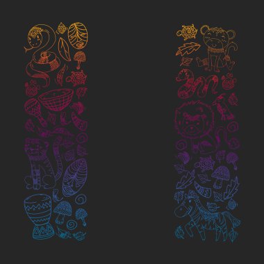 Vektör Afrika elemanları ve çocuklar için hayvanlar giyim, moda, t-shirt. Zebra, maymun, leopar, Jaguar, kuş, fil ile çocuk duvar kağıdı