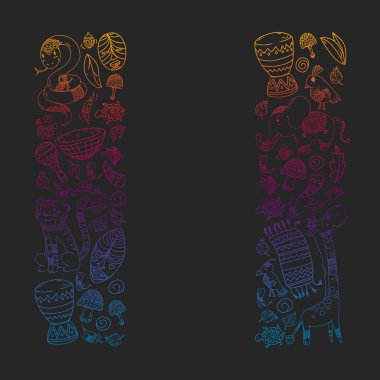 Vektör Afrika elemanları ve çocuklar için hayvanlar giyim, moda, t-shirt. Zebra, maymun, leopar, Jaguar, kuş, fil ile çocuk duvar kağıdı