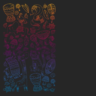 Vektör Afrika elemanları ve çocuklar için hayvanlar giyim, moda, t-shirt. Zebra, maymun, leopar, Jaguar, kuş, fil ile çocuk duvar kağıdı