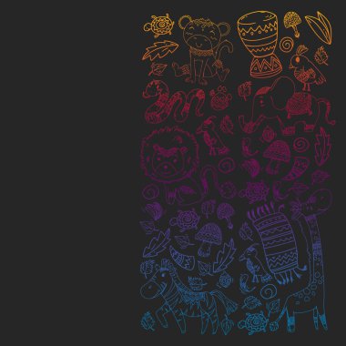 Vektör Afrika elemanları ve çocuklar için hayvanlar giyim, moda, t-shirt. Zebra, maymun, leopar, Jaguar, kuş, fil ile çocuk duvar kağıdı