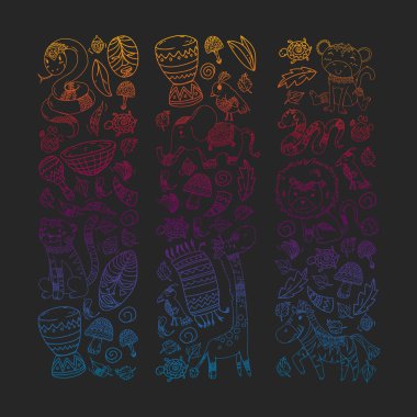 Vektör Afrika elemanları ve çocuklar için hayvanlar giyim, moda, t-shirt. Zebra, maymun, leopar, Jaguar, kuş, fil ile çocuk duvar kağıdı