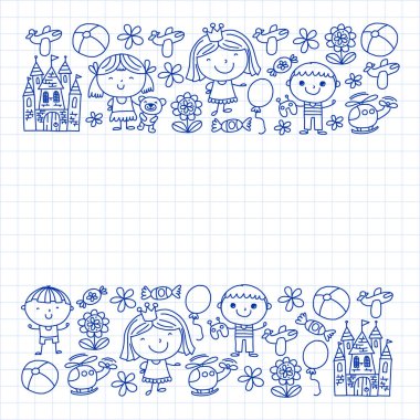 Sevimli küçük çocuklar oynar. Anaokulu, eğitim, spor. Desenler, afişler, posterler için çocuk ve oyuncaklar Simgeleri.