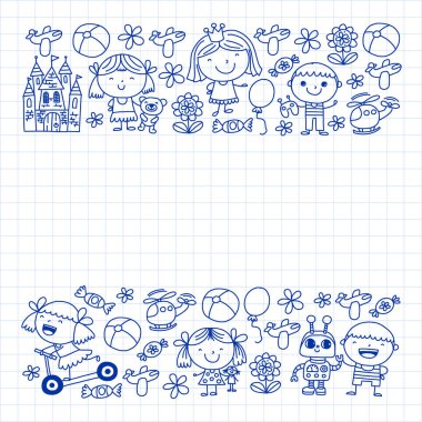 Sevimli küçük çocuklar oynar. Anaokulu, eğitim, spor. Desenler, afişler, posterler için çocuk ve oyuncaklar Simgeleri.