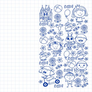 Sevimli küçük çocuklar oynar. Anaokulu, eğitim, spor. Desenler, afişler, posterler için çocuk ve oyuncaklar Simgeleri.