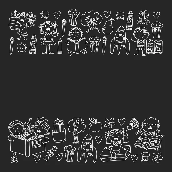 Kitap okuyan çocuklarla vektör deseni. Okul, kütüphane. Afiş ler ve afişler için vektör çizimi