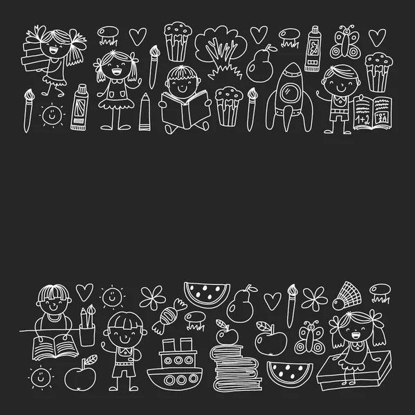 Kitap okuyan çocuklarla vektör deseni. Okul, kütüphane. Afiş ler ve afişler için vektör çizimi