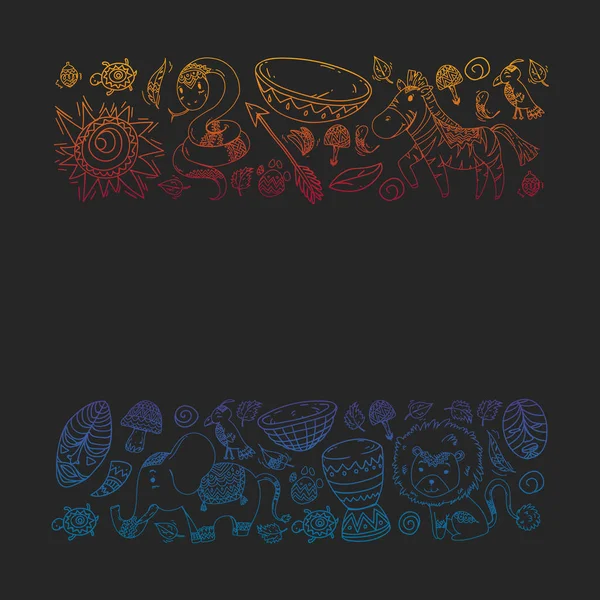 Vektör Afrika elemanları ve çocuklar için hayvanlar giyim, moda, t-shirt. Zebra, maymun, leopar, Jaguar, kuş, fil ile çocuk duvar kağıdı