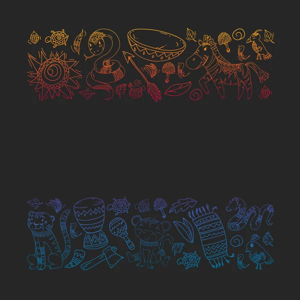 Vektör Afrika elemanları ve çocuklar için hayvanlar giyim, moda, t-shirt. Zebra, maymun, leopar, Jaguar, kuş, fil ile çocuk duvar kağıdı