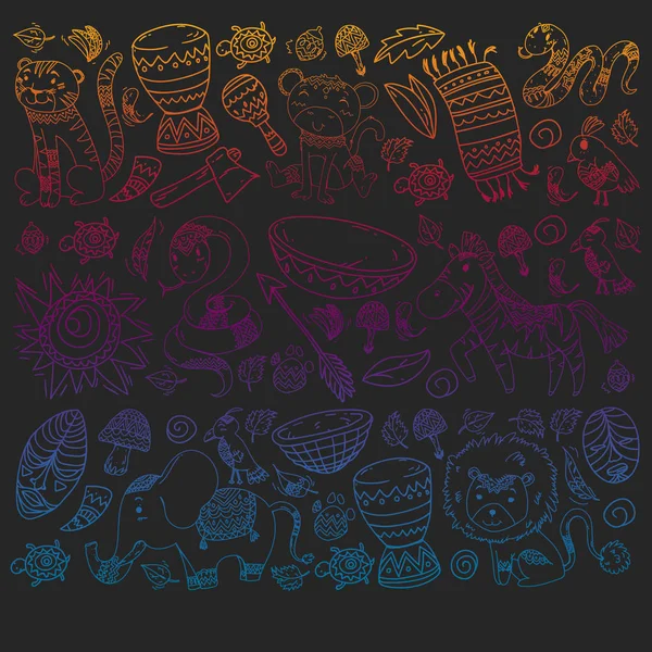 Vektör Afrika elemanları ve çocuklar için hayvanlar giyim, moda, t-shirt. Zebra, maymun, leopar, Jaguar, kuş, fil ile çocuk duvar kağıdı