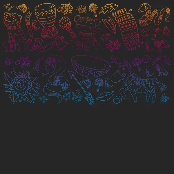 Vektör Afrika elemanları ve çocuklar için hayvanlar giyim, moda, t-shirt. Zebra, maymun, leopar, Jaguar, kuş, fil ile çocuk duvar kağıdı