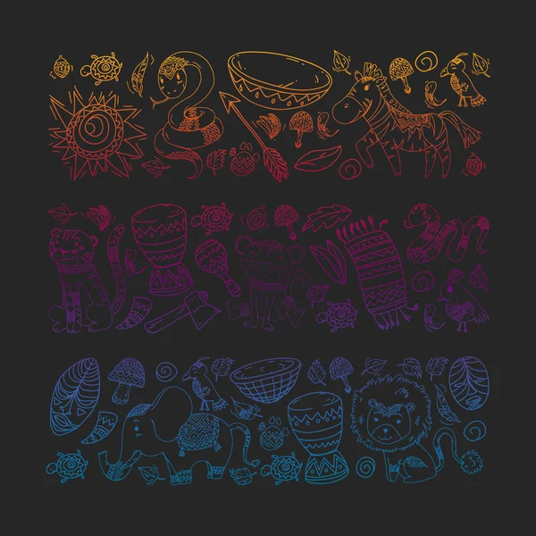 Vektör Afrika elemanları ve çocuklar için hayvanlar giyim, moda, t-shirt. Zebra, maymun, leopar, Jaguar, kuş, fil ile çocuk duvar kağıdı