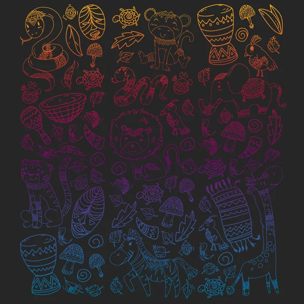 Vektör Afrika elemanları ve çocuklar için hayvanlar giyim, moda, t-shirt. Zebra, maymun, leopar, Jaguar, kuş, fil ile çocuk duvar kağıdı