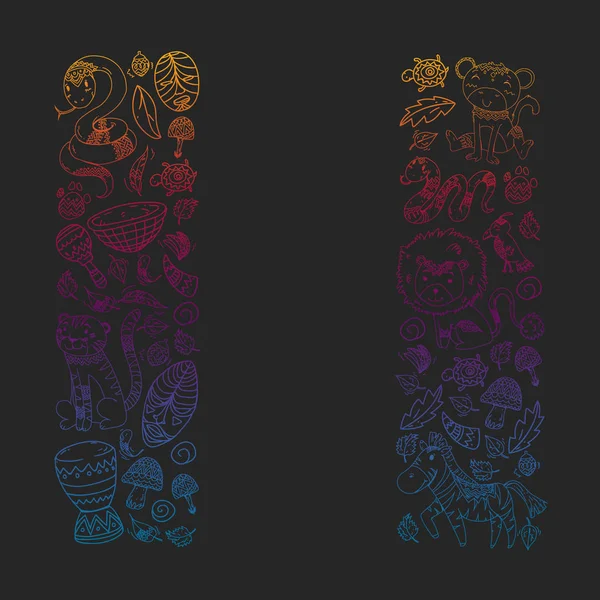 Vektör Afrika elemanları ve çocuklar için hayvanlar giyim, moda, t-shirt. Zebra, maymun, leopar, Jaguar, kuş, fil ile çocuk duvar kağıdı