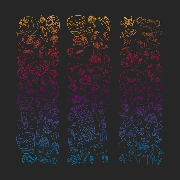 Vektör Afrika elemanları ve çocuklar için hayvanlar giyim, moda, t-shirt. Zebra, maymun, leopar, Jaguar, kuş, fil ile çocuk duvar kağıdı