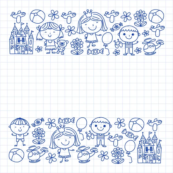 Sevimli küçük çocuklar oynar. Anaokulu, eğitim, spor. Desenler, afişler, posterler için çocuk ve oyuncaklar Simgeleri.