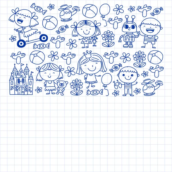 Sevimli küçük çocuklar oynar. Anaokulu, eğitim, spor. Desenler, afişler, posterler için çocuk ve oyuncaklar Simgeleri.