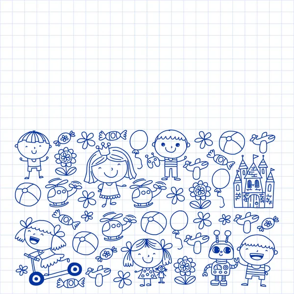 Sevimli küçük çocuklar oynar. Anaokulu, eğitim, spor. Desenler, afişler, posterler için çocuk ve oyuncaklar Simgeleri.