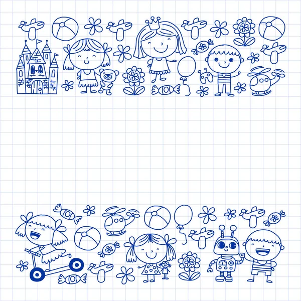 Sevimli küçük çocuklar oynar. Anaokulu, eğitim, spor. Desenler, afişler, posterler için çocuk ve oyuncaklar Simgeleri.