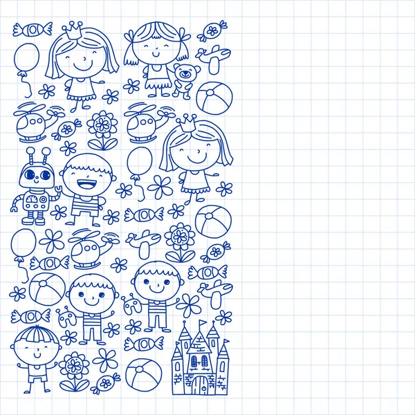 Sevimli küçük çocuklar oynar. Anaokulu, eğitim, spor. Desenler, afişler, posterler için çocuk ve oyuncaklar Simgeleri.