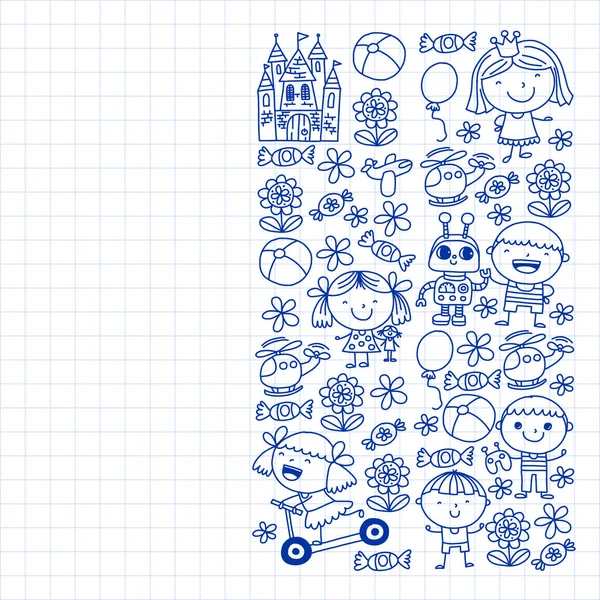 Sevimli küçük çocuklar oynar. Anaokulu, eğitim, spor. Desenler, afişler, posterler için çocuk ve oyuncaklar Simgeleri.