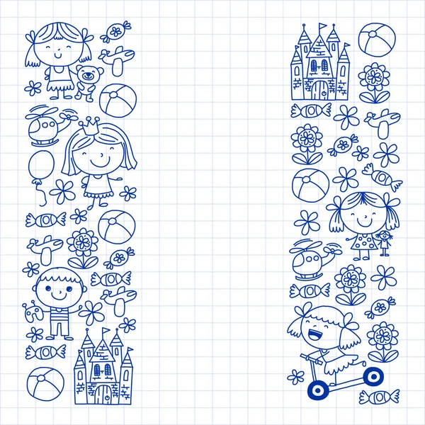 Sevimli küçük çocuklar oynar. Anaokulu, eğitim, spor. Desenler, afişler, posterler için çocuk ve oyuncaklar Simgeleri.