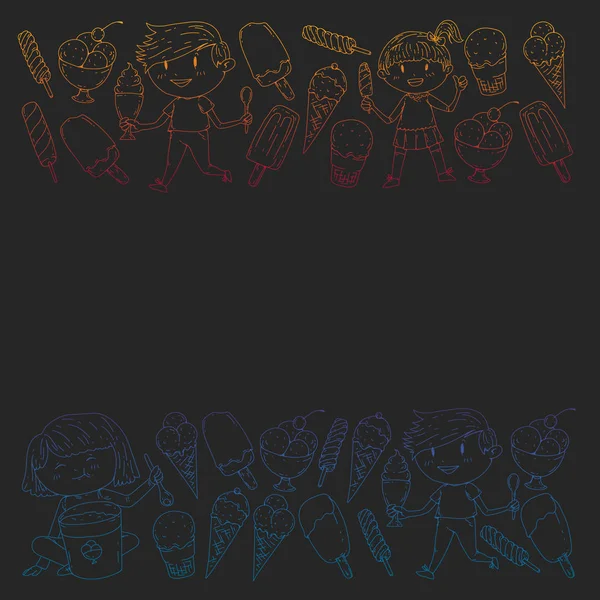 Küçük çocuklar dondurmayı yiyor. Yaz tatili. Tatlı meyve çöl.