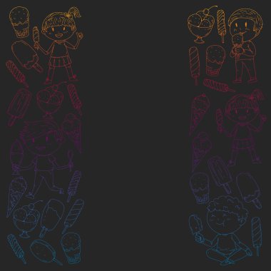 Küçük çocuklar dondurmayı yiyor. Yaz tatili. Tatlı meyve çöl.