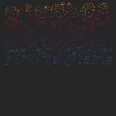 Çocuklar ve spor. Faaliyetlerin vektör illüstrasyonu. Futbol, futbol, koşu, dans, dövüş sanatları. Okulda ve anaokulunda sağlık.