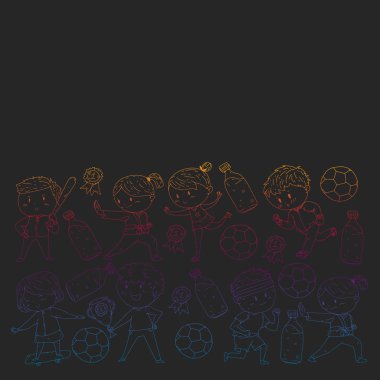 Çocuklar ve spor. Faaliyetlerin vektör illüstrasyonu. Futbol, futbol, koşu, dans, dövüş sanatları. Okulda ve anaokulunda sağlık.