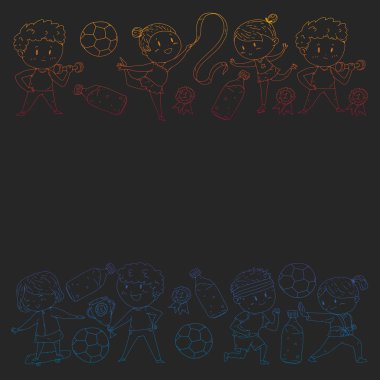 Çocuklar ve spor. Faaliyetlerin vektör illüstrasyonu. Futbol, futbol, koşu, dans, dövüş sanatları. Okulda ve anaokulunda sağlık.