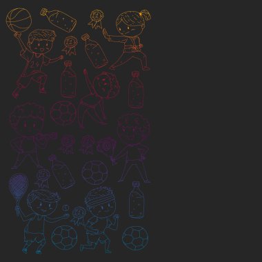 Çocuklar ve spor. Faaliyetlerin vektör illüstrasyonu. Futbol, futbol, koşu, dans, dövüş sanatları. Okulda ve anaokulunda sağlık.