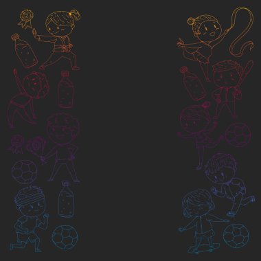 Çocuklar ve spor. Faaliyetlerin vektör illüstrasyonu. Futbol, futbol, koşu, dans, dövüş sanatları. Okulda ve anaokulunda sağlık.