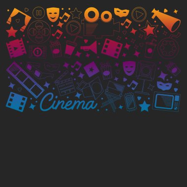 Sinema simgeleri ile vektör deseni. Sinema, Tv, patlamış mısır, video klipler, müzikal