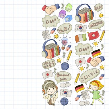 Dil sınıfı için vektör deseni, çevrimiçi kurslar. İngilizce, Arapça, İtalyanca, Japonca, İspanyolca, Çince, Almanca.