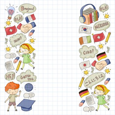 Dil sınıfı için vektör deseni, çevrimiçi kurslar. İngilizce, Arapça, İtalyanca, Japonca, İspanyolca, Çince, Almanca.