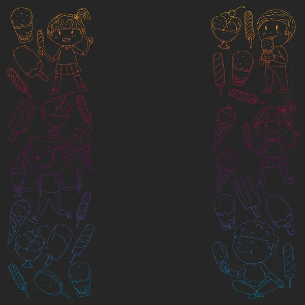 Küçük çocuklar dondurmayı yiyor. Yaz tatili. Tatlı meyve çöl.