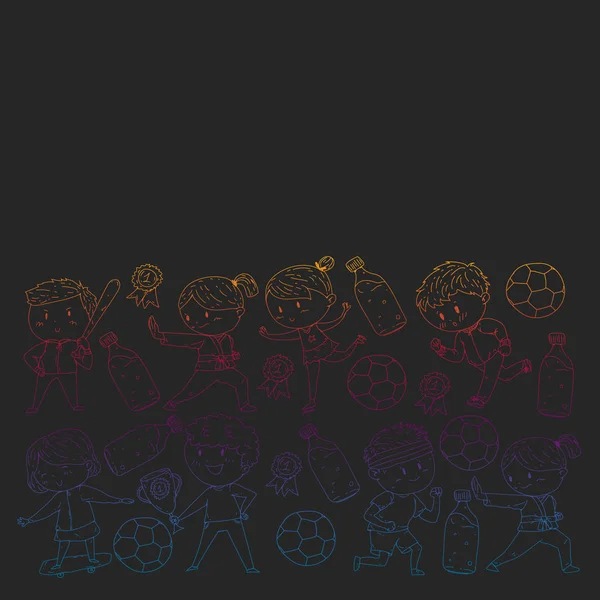 Çocuklar ve spor. Faaliyetlerin vektör illüstrasyonu. Futbol, futbol, koşu, dans, dövüş sanatları. Okulda ve anaokulunda sağlık.