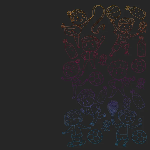 Çocuklar ve spor. Faaliyetlerin vektör illüstrasyonu. Futbol, futbol, koşu, dans, dövüş sanatları. Okulda ve anaokulunda sağlık.
