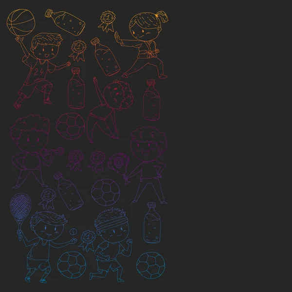 Çocuklar ve spor. Faaliyetlerin vektör illüstrasyonu. Futbol, futbol, koşu, dans, dövüş sanatları. Okulda ve anaokulunda sağlık.