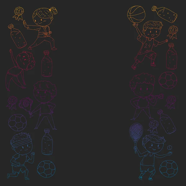 Çocuklar ve spor. Faaliyetlerin vektör illüstrasyonu. Futbol, futbol, koşu, dans, dövüş sanatları. Okulda ve anaokulunda sağlık.