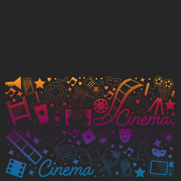 Modello vettoriale con icone del cinema. Cinema, TV, popcorn, videoclip, musical — Vettoriale Stock