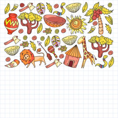 Afiş ve posterler için Vektör afrika kabile desen. Hayvanların simgeleri ve çocuklar için geleneksel unsurlar kumaş, giysi, tekstil. Seyahat ve macera