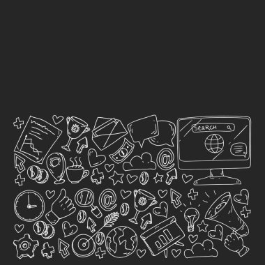 Dijital pazarlama, sosyal medya, iletişim, yönetim. Arka plan afiş için.