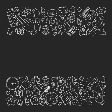 Dijital pazarlama, sosyal medya, iletişim, yönetim. Arka plan afiş için.