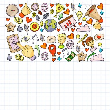 Dijital pazarlama, sosyal medya, iletişim, yönetim. Arka plan afiş için.