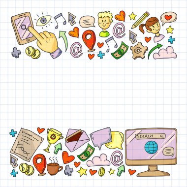 Dijital pazarlama, sosyal medya, iletişim, yönetim. Arka plan afiş için.