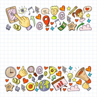 Dijital pazarlama, sosyal medya, iletişim, yönetim. Arka plan afiş için.